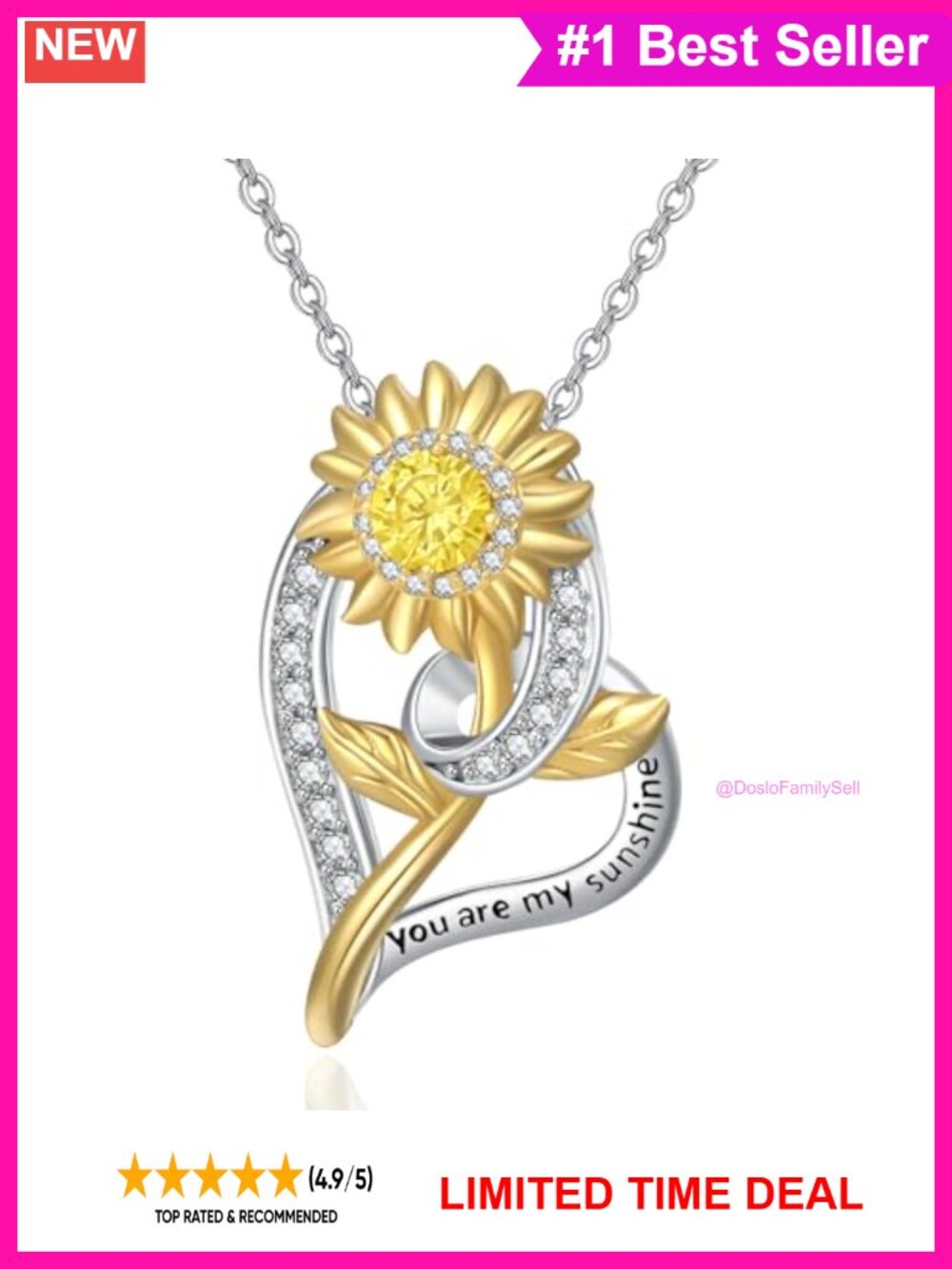 14K Gold Plated Sunflower Sun Heart Pendant Necklace Sterling Silver